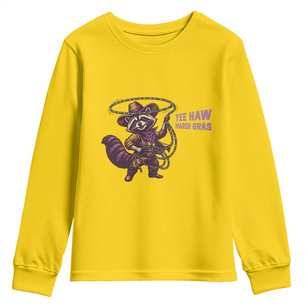 Mardi Gras Raccoon Youth Sweatshirt Yee Haw Cowboy Mardi Gras Carnival Trendy Meme