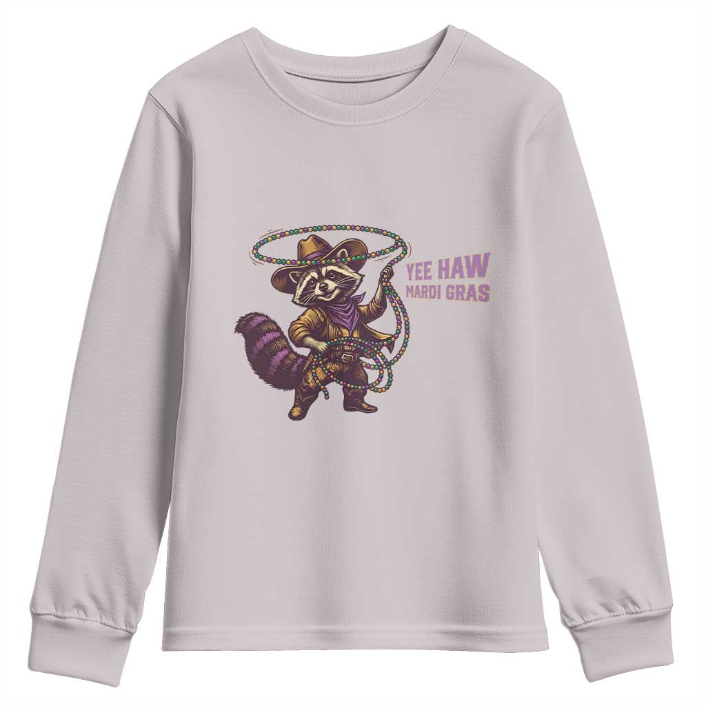 Mardi Gras Raccoon Youth Sweatshirt Yee Haw Cowboy Mardi Gras Carnival Trendy Meme