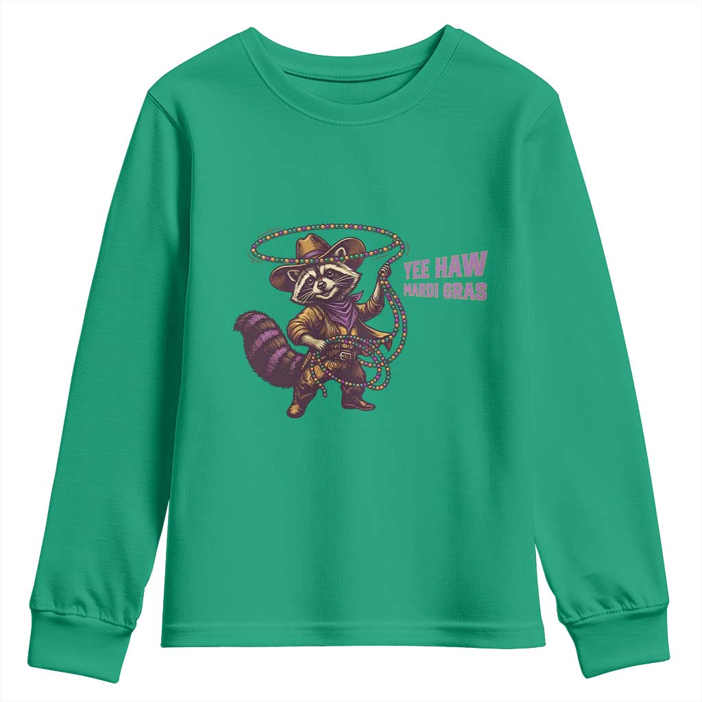 Mardi Gras Raccoon Youth Sweatshirt Yee Haw Cowboy Mardi Gras Carnival Trendy Meme