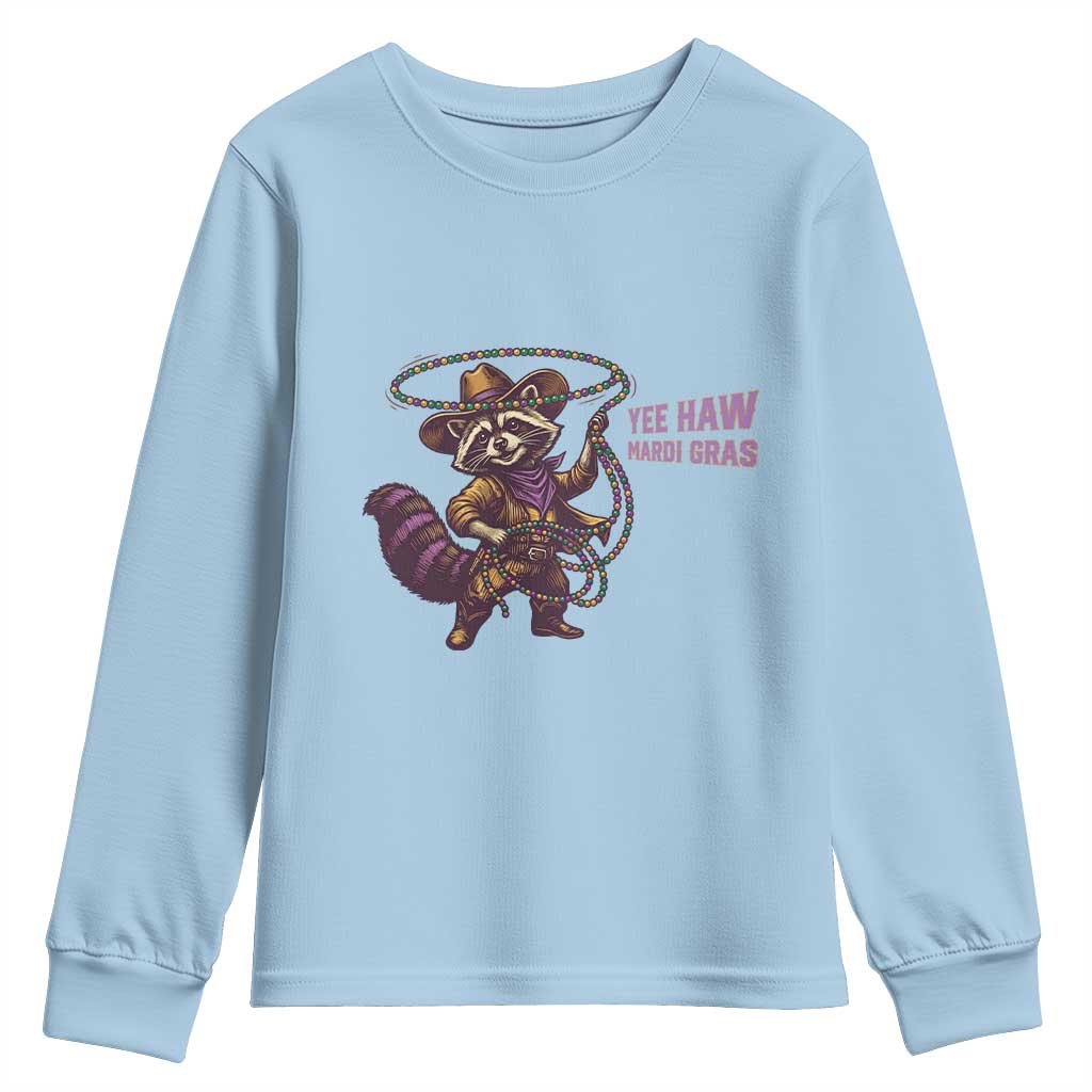 Mardi Gras Raccoon Youth Sweatshirt Yee Haw Cowboy Mardi Gras Carnival Trendy Meme