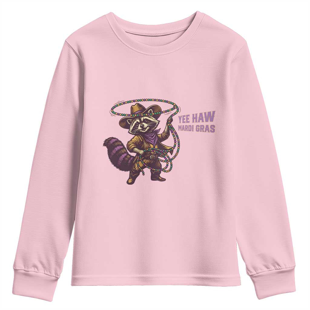 Mardi Gras Raccoon Youth Sweatshirt Yee Haw Cowboy Mardi Gras Carnival Trendy Meme