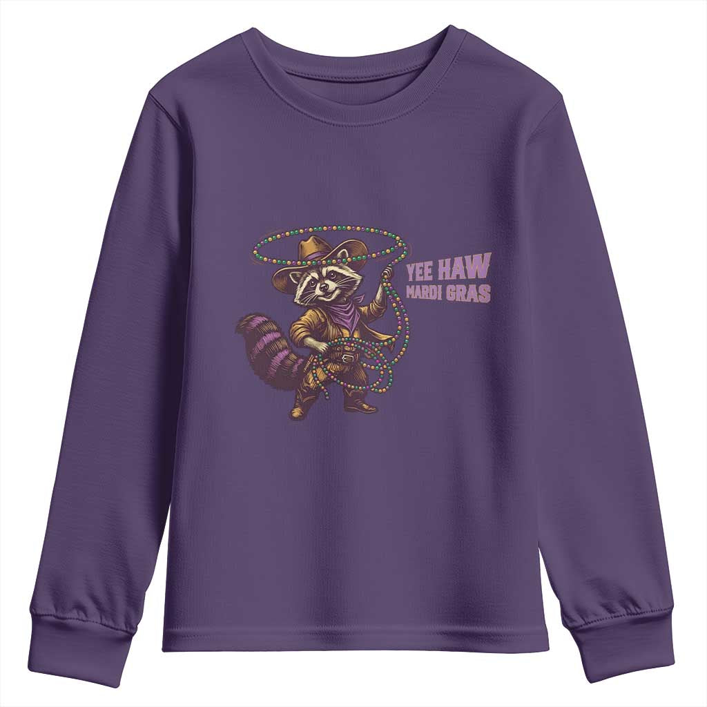 Mardi Gras Raccoon Youth Sweatshirt Yee Haw Cowboy Mardi Gras Carnival Trendy Meme