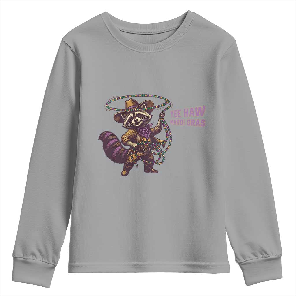 Mardi Gras Raccoon Youth Sweatshirt Yee Haw Cowboy Mardi Gras Carnival Trendy Meme