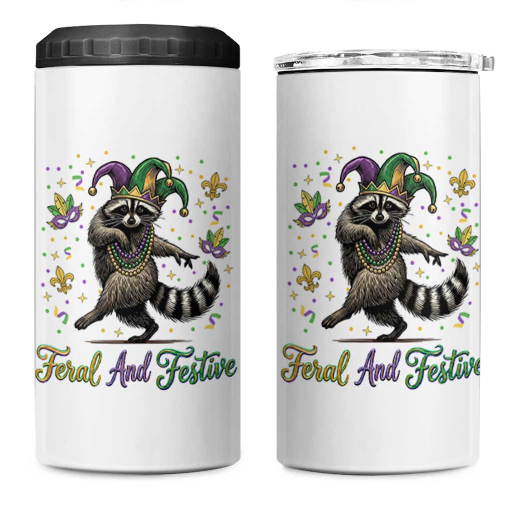 Mardi Gras Raccoon 4 in 1 Can Cooler Tumbler Feral And Festive Trased Panda