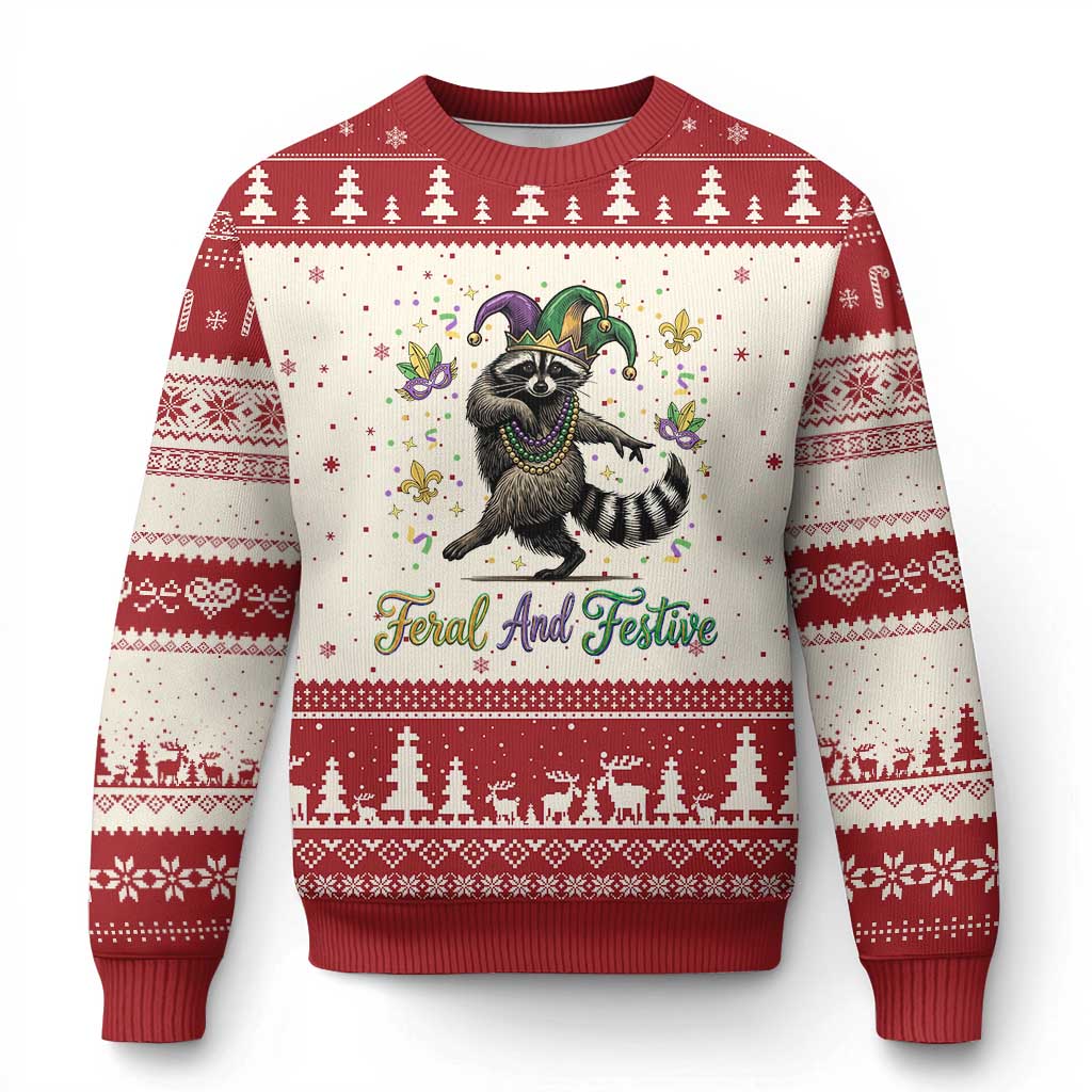 Mardi Gras Raccoon Ugly Christmas Sweater Feral And Festive Trased Panda