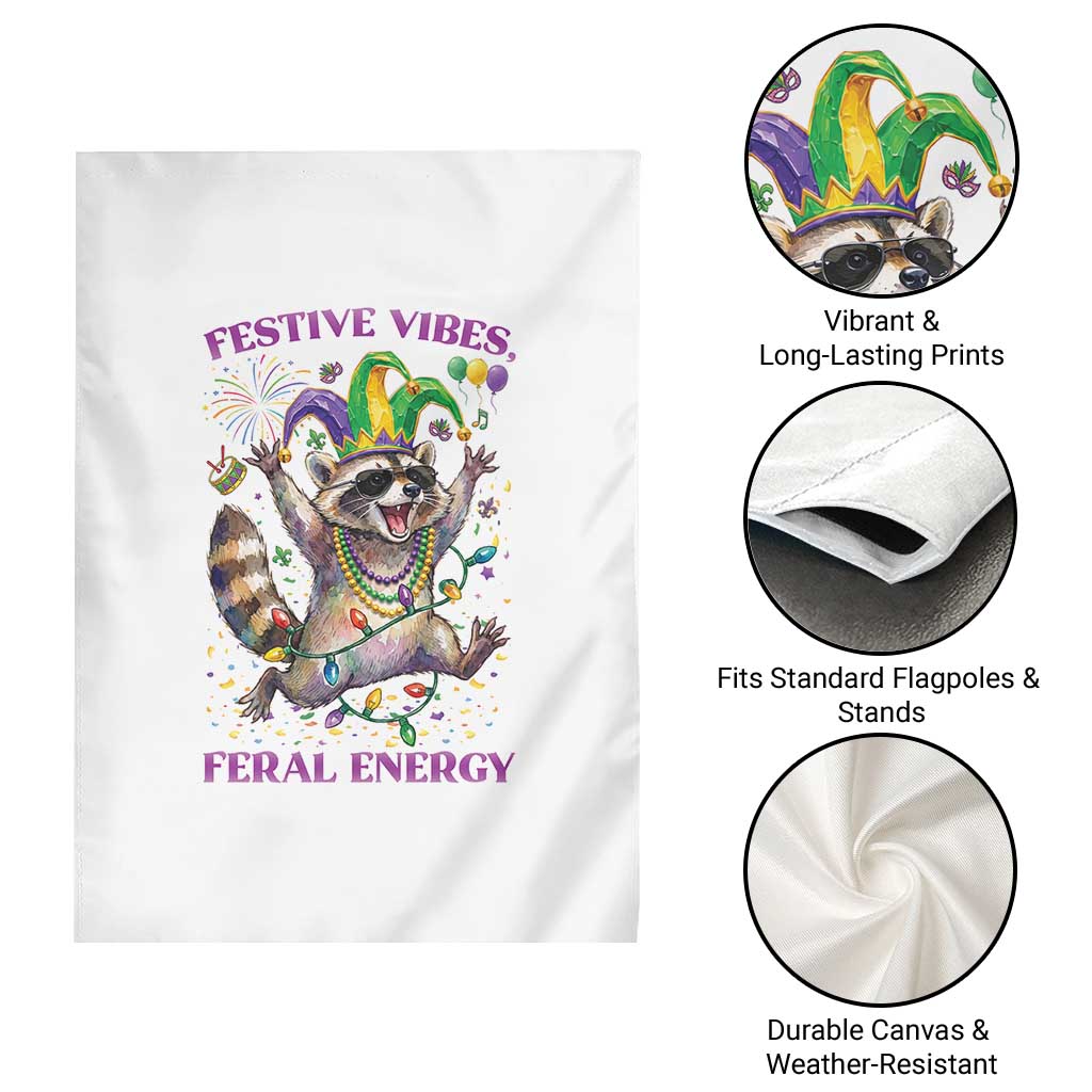 Mardi Gras Raccoon Garden Flag Festive Vibes Feral Energy