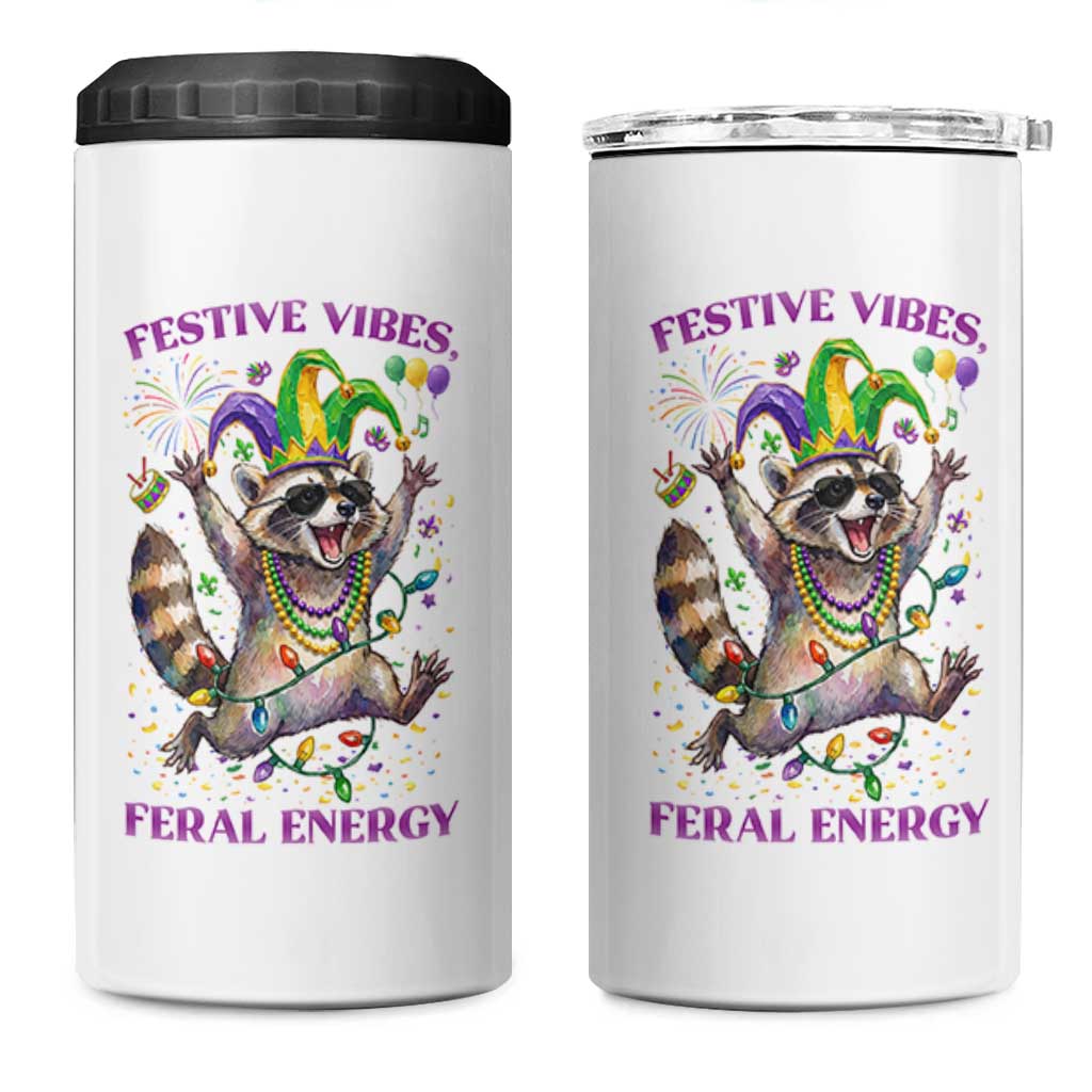 Mardi Gras Raccoon 4 in 1 Can Cooler Tumbler Festive Vibes Feral Energy
