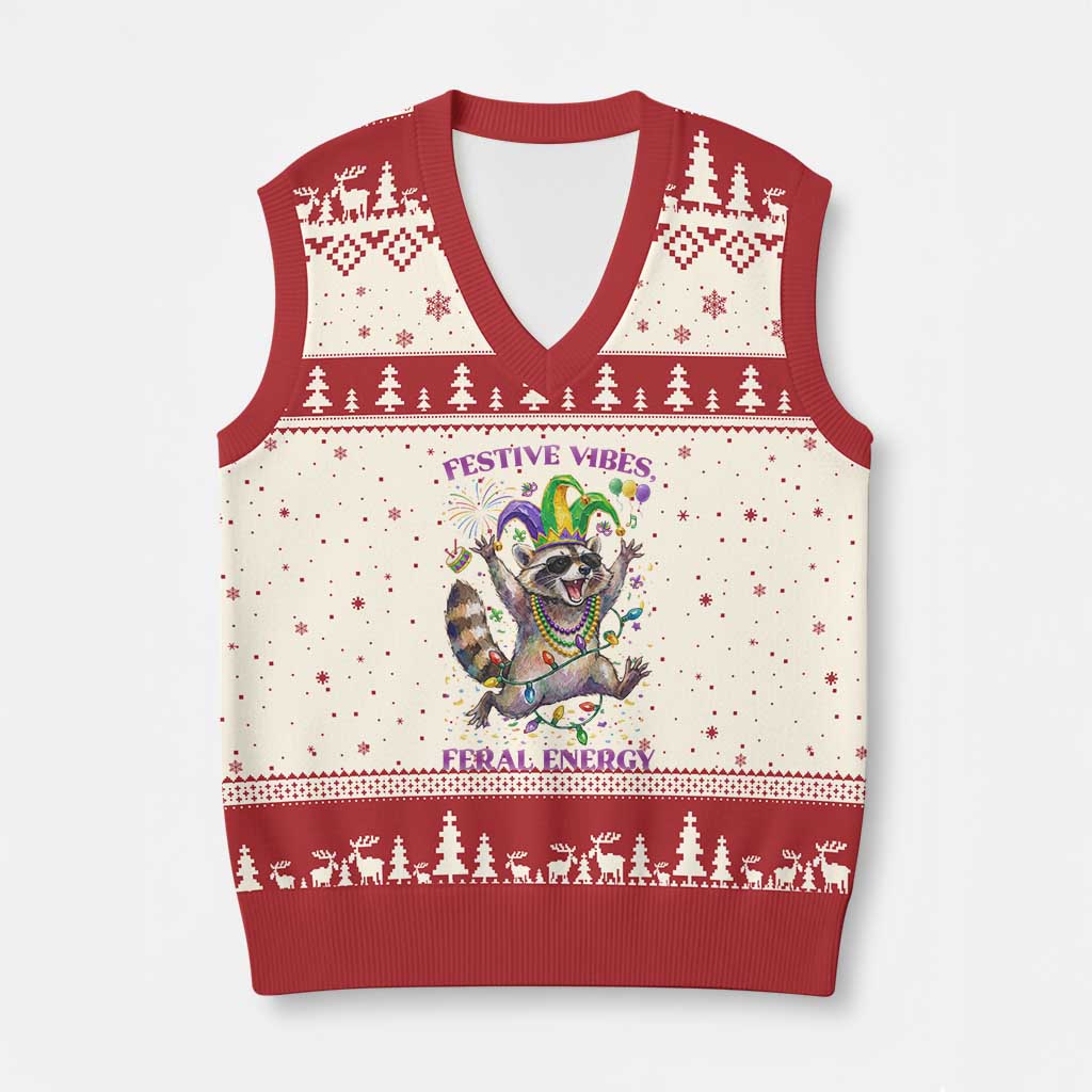 Mardi Gras Raccoon V-Neck Knit Sweater Vest Festive Vibes Feral Energy