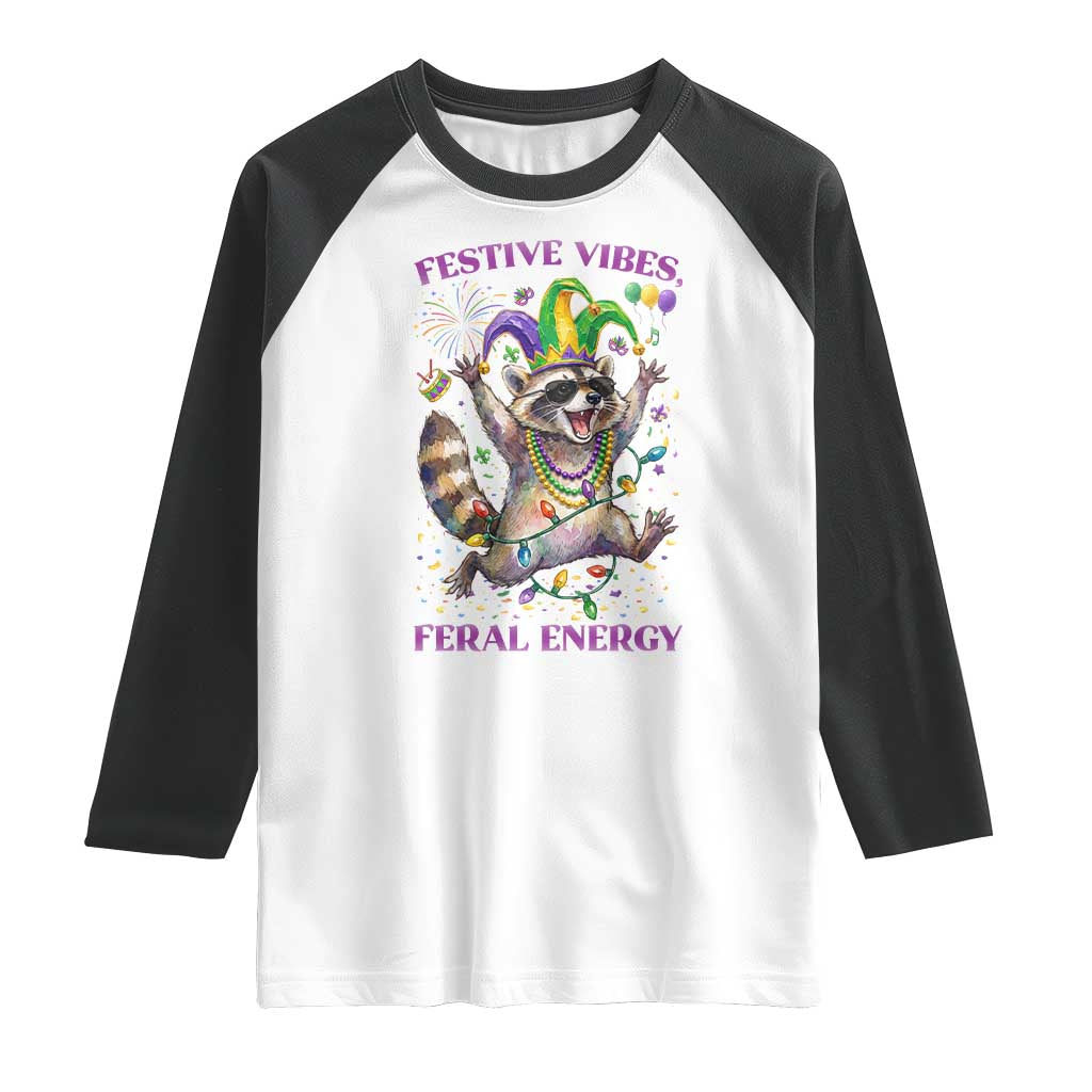 Mardi Gras Raccoon Raglan Shirt Festive Vibes Feral Energy