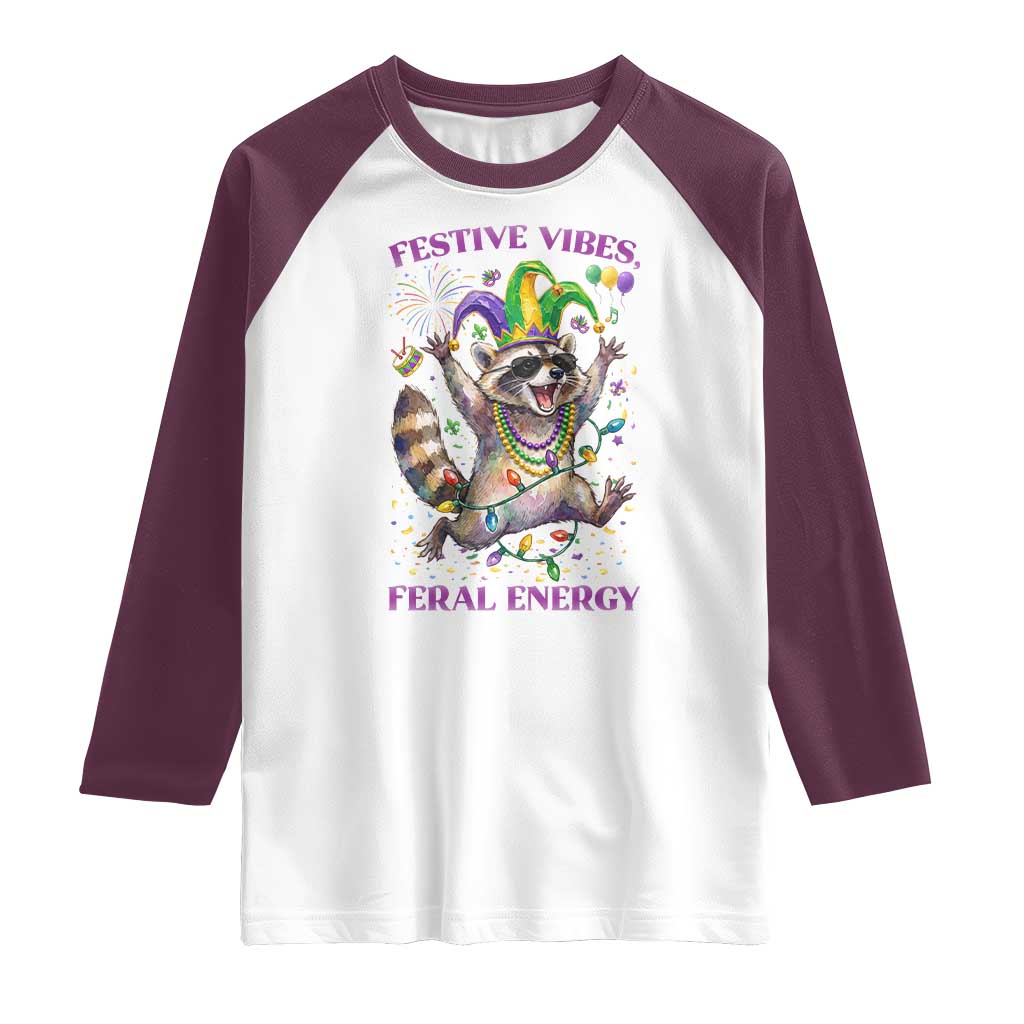Mardi Gras Raccoon Raglan Shirt Festive Vibes Feral Energy
