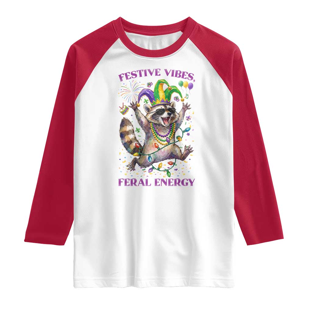 Mardi Gras Raccoon Raglan Shirt Festive Vibes Feral Energy