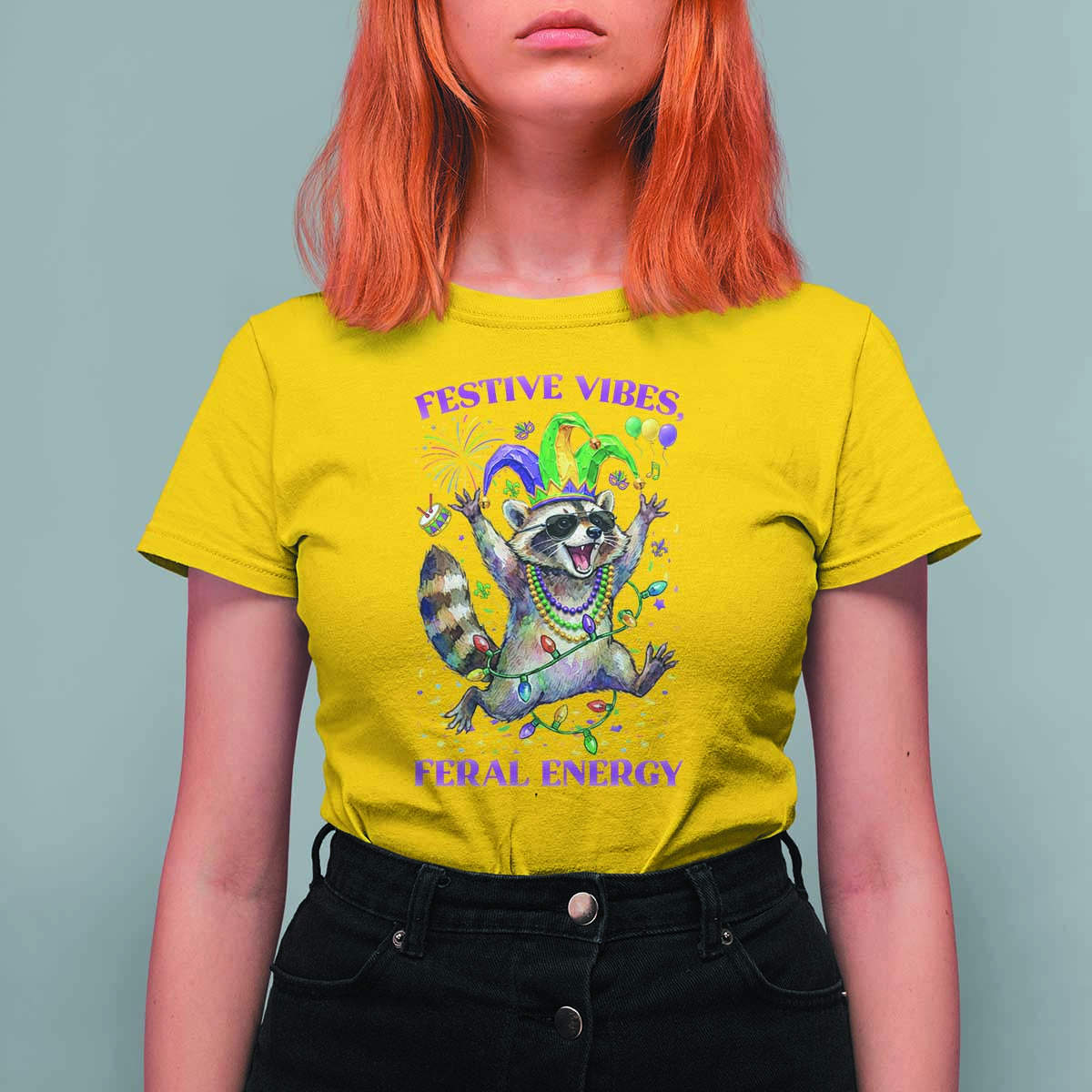 Mardi Gras Raccoon T Shirt For Women Festive Vibes Feral Energy
