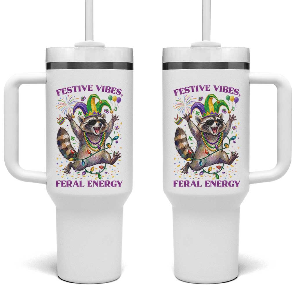 Mardi Gras Raccoon Tumbler With Handle Festive Vibes Feral Energy