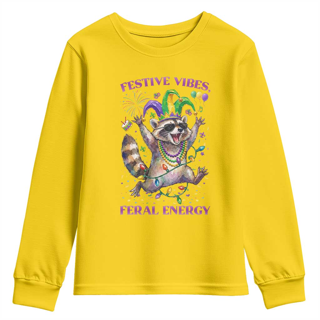 Mardi Gras Raccoon Youth Sweatshirt Festive Vibes Feral Energy