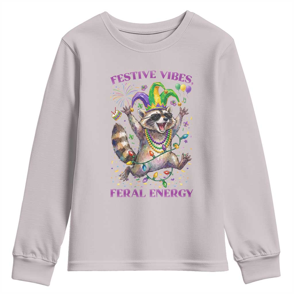 Mardi Gras Raccoon Youth Sweatshirt Festive Vibes Feral Energy