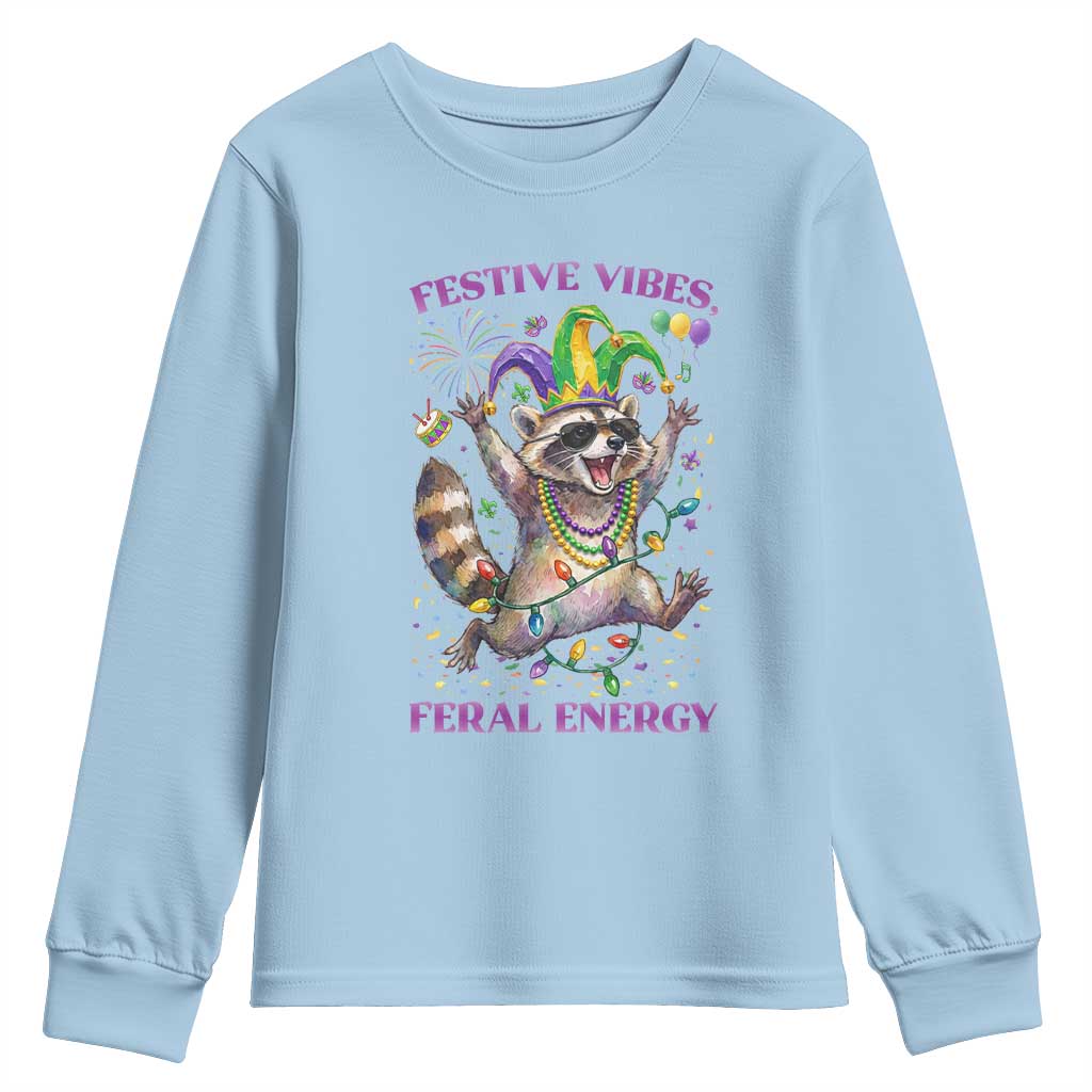 Mardi Gras Raccoon Youth Sweatshirt Festive Vibes Feral Energy