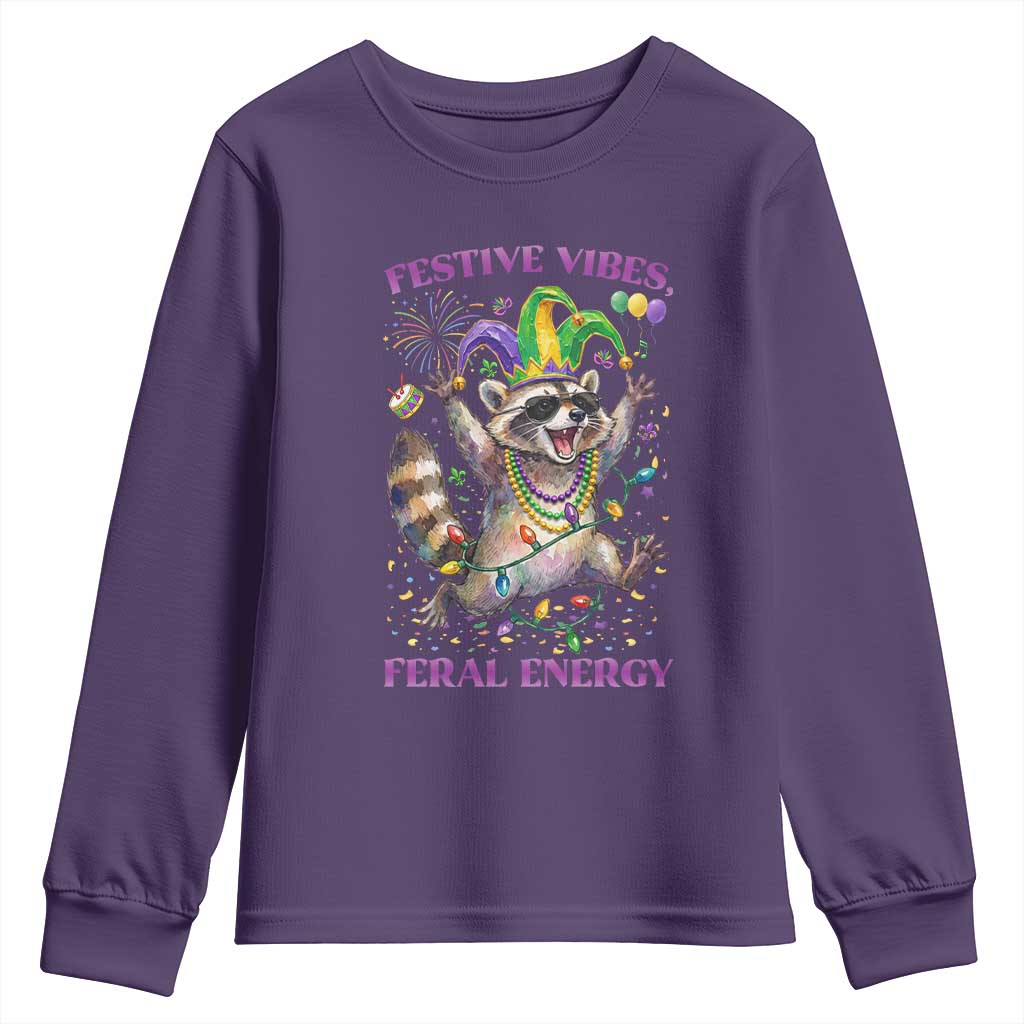 Mardi Gras Raccoon Youth Sweatshirt Festive Vibes Feral Energy