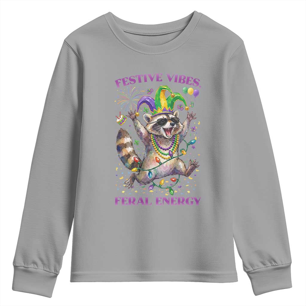 Mardi Gras Raccoon Youth Sweatshirt Festive Vibes Feral Energy
