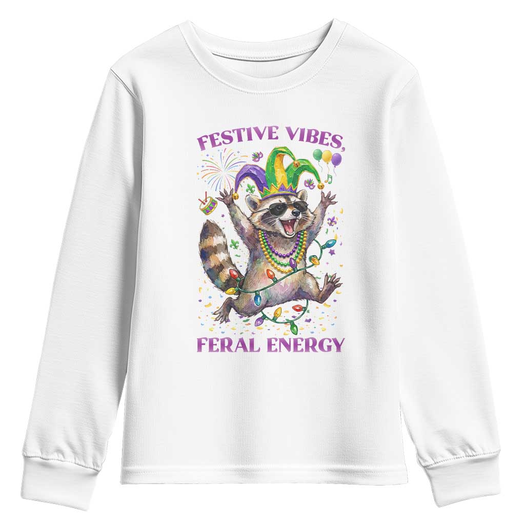 Mardi Gras Raccoon Youth Sweatshirt Festive Vibes Feral Energy