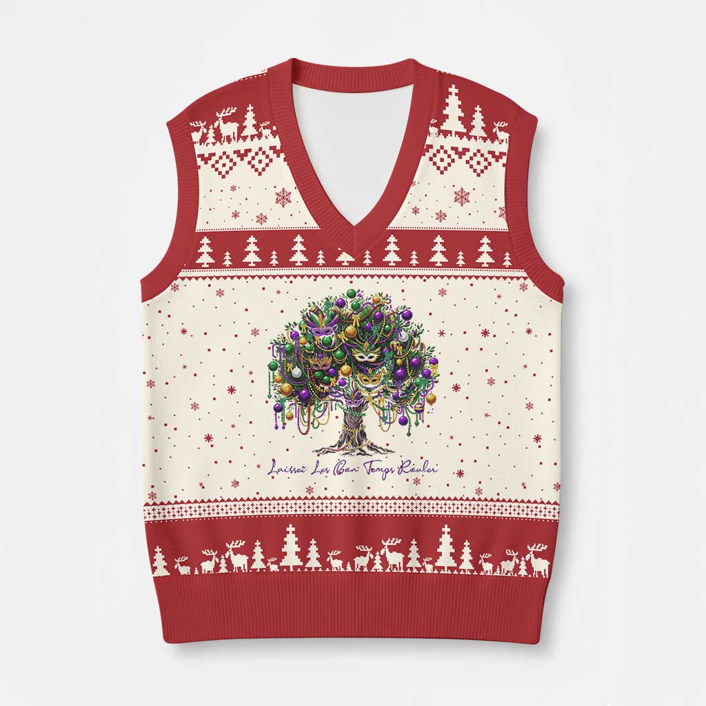 Mardi Gras Mask Tree V-Neck Knit Sweater Vest Laissez Les Bon Temps Rouler