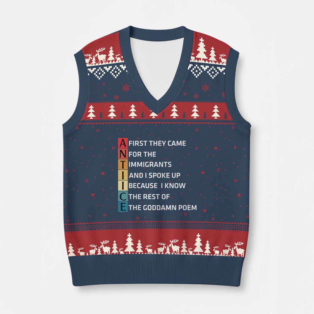 First They Came for The Immigrants V-Neck Knit Sweater Vest Sarcastic Immigration Rights Protest