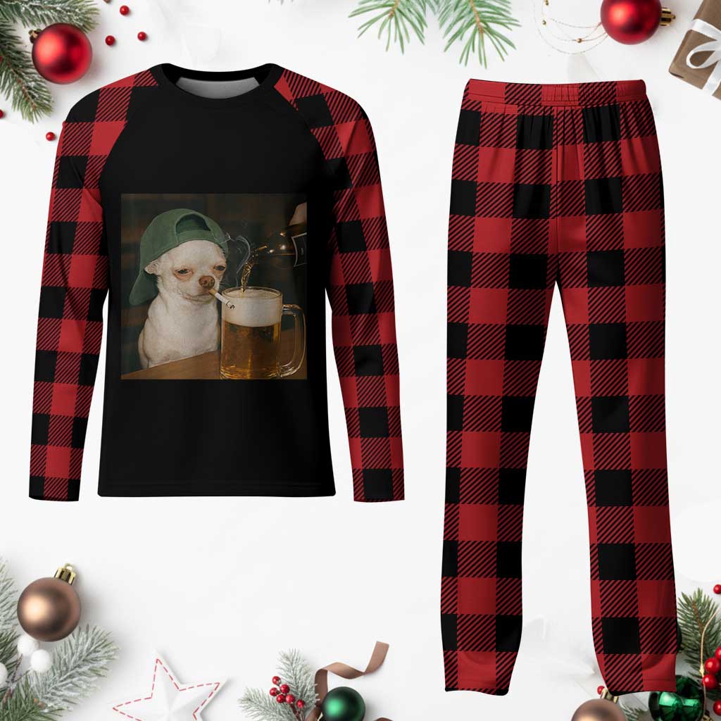 Funny Chihuahua St Patricks Day Meme Plaid Pajama Set Chihuahua Smoking Irish Beer Lover