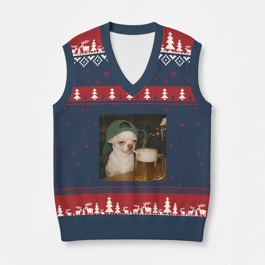 Funny Chihuahua St Patricks Day Meme V-Neck Knit Sweater Vest Chihuahua Smoking Irish Beer Lover
