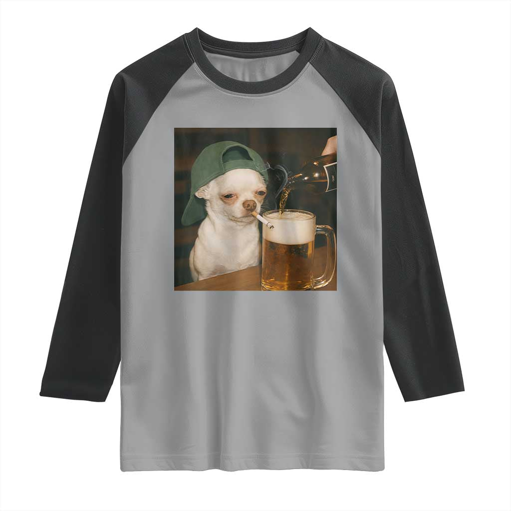 Funny Chihuahua St Patricks Day Meme Raglan Shirt Chihuahua Smoking Irish Beer Lover