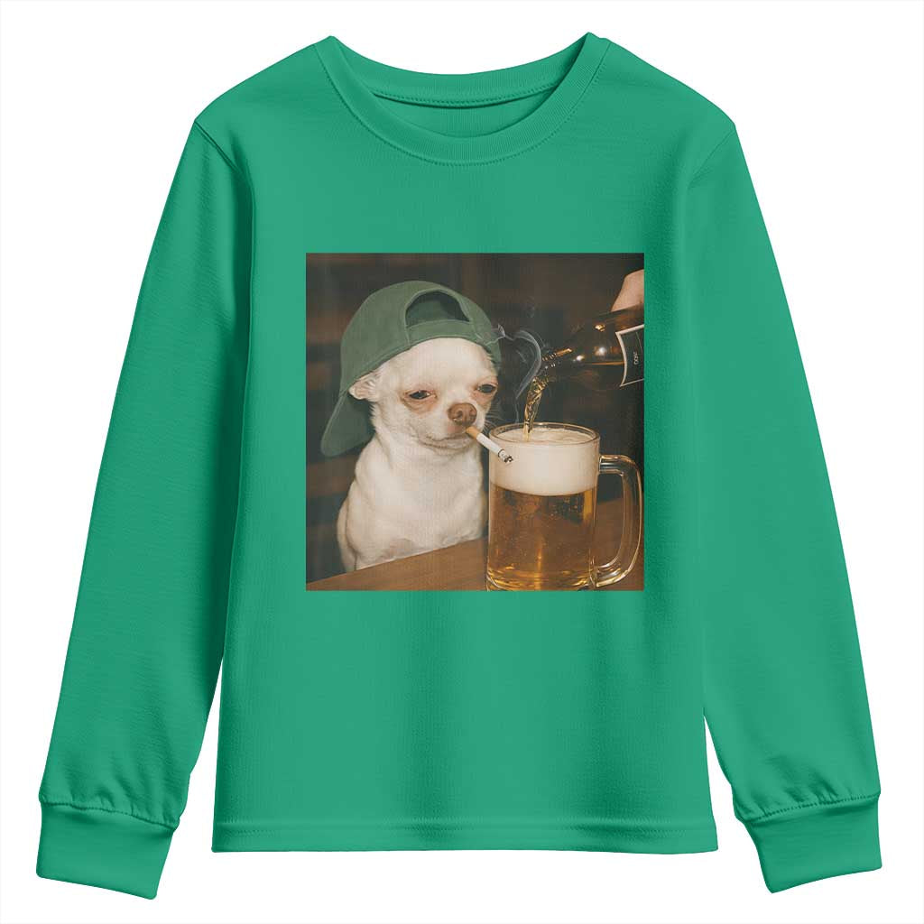 Funny Chihuahua St Patricks Day Meme Youth Sweatshirt Chihuahua Smoking Irish Beer Lover