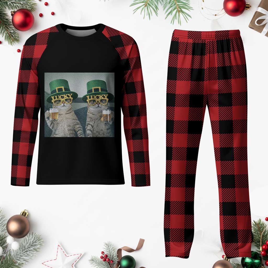 Funny St Patricks Day Cats Drinking Beer Meme Plaid Pajama Set