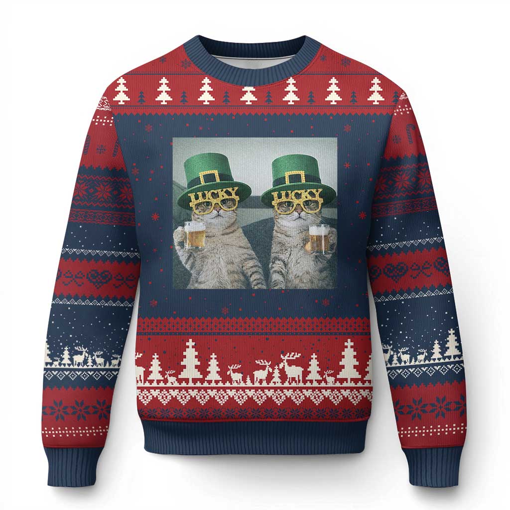 Funny St Patricks Day Cats Drinking Beer Meme Ugly Christmas Sweater