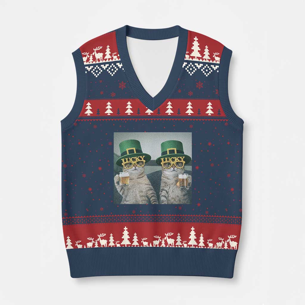 Funny St Patricks Day Cats Drinking Beer Meme V-Neck Knit Sweater Vest