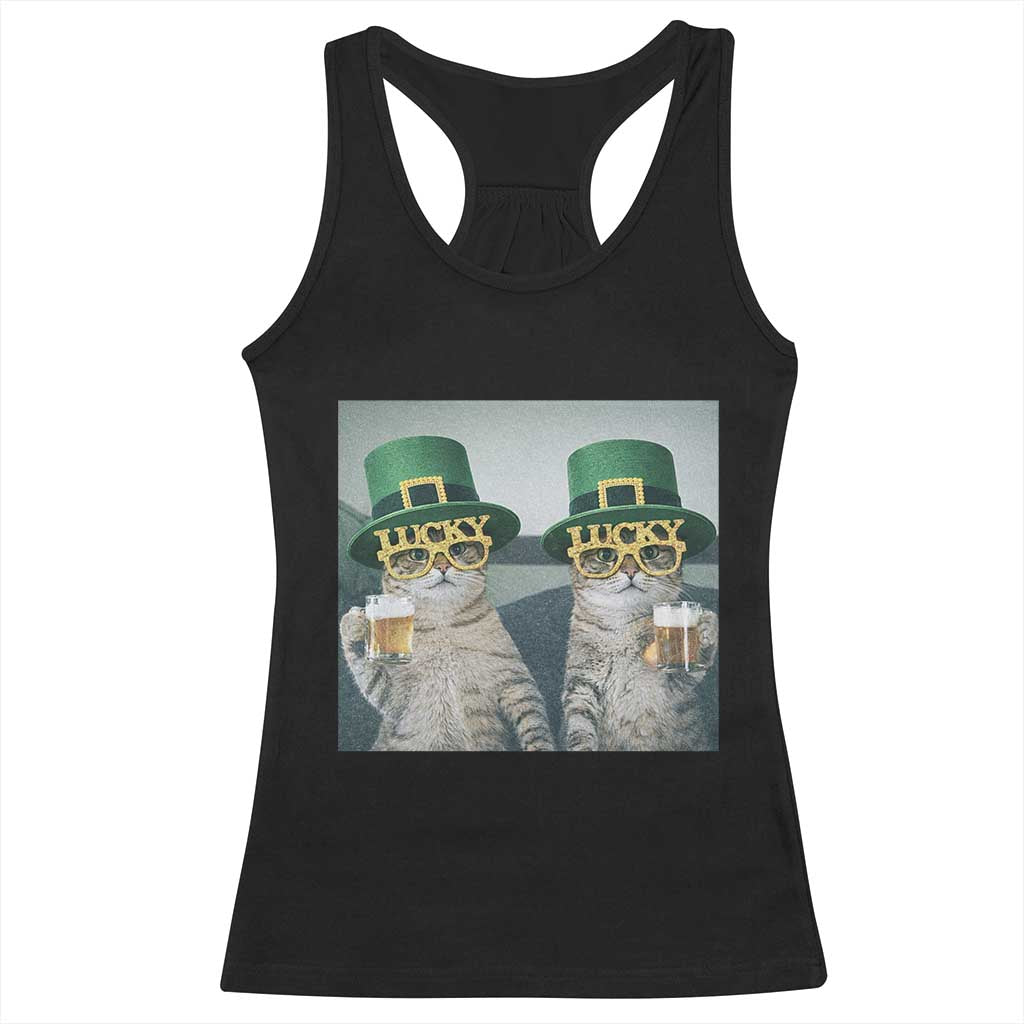 Funny St Patricks Day Cats Drinking Beer Meme Racerback Tank Top