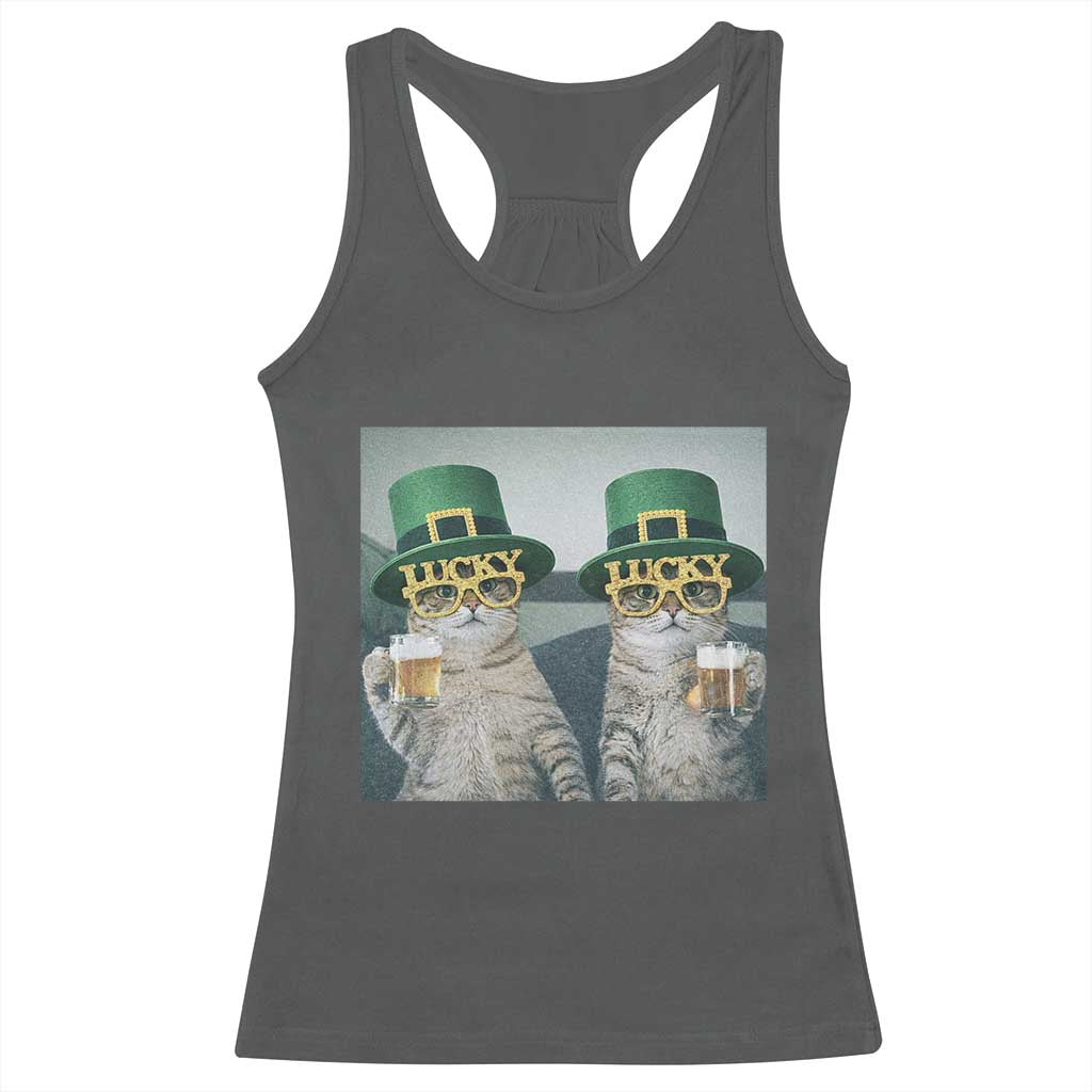 Funny St Patricks Day Cats Drinking Beer Meme Racerback Tank Top