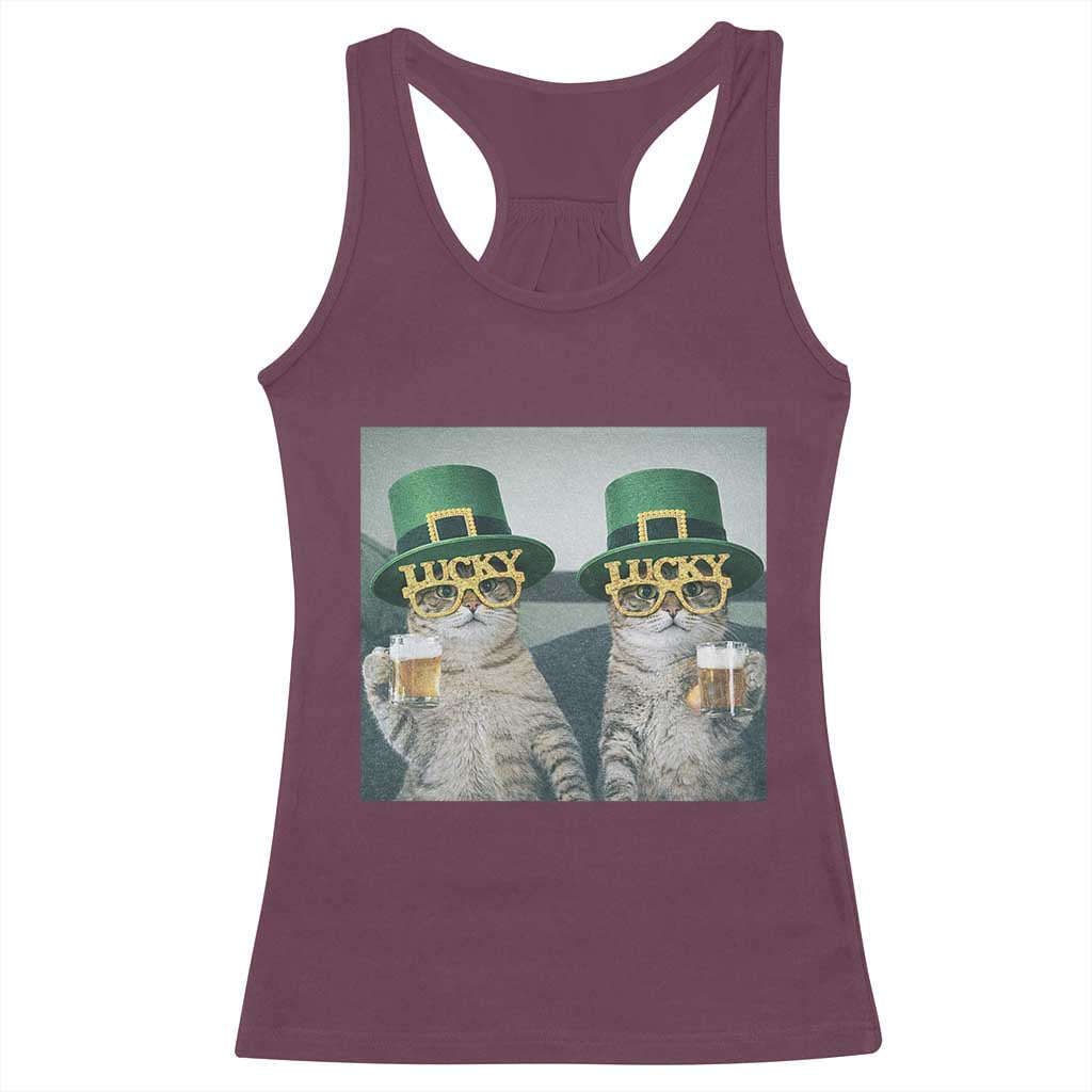 Funny St Patricks Day Cats Drinking Beer Meme Racerback Tank Top
