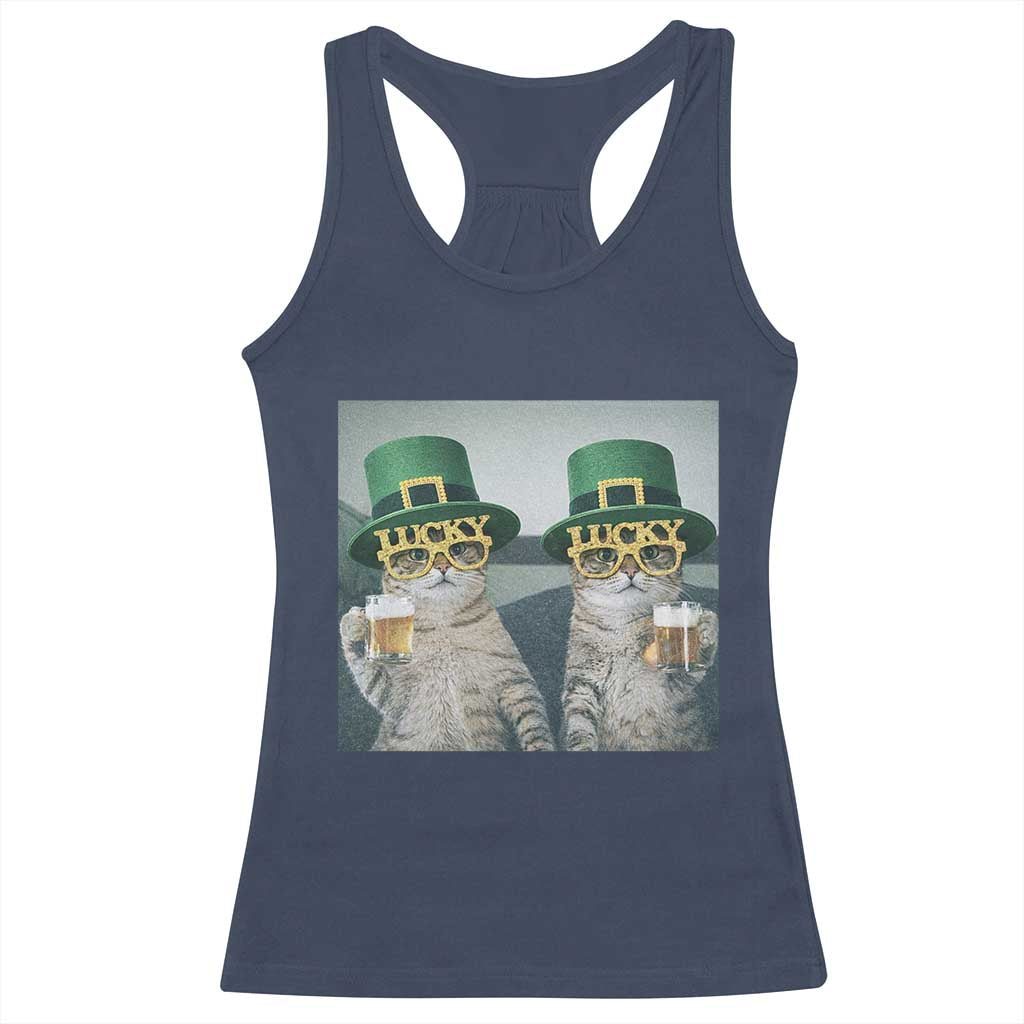 Funny St Patricks Day Cats Drinking Beer Meme Racerback Tank Top