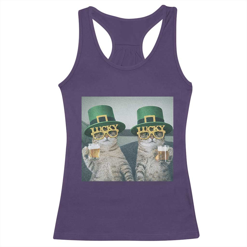 Funny St Patricks Day Cats Drinking Beer Meme Racerback Tank Top