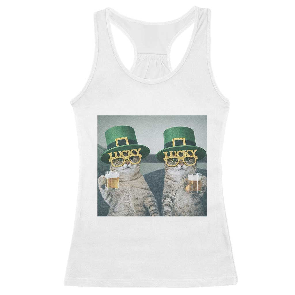 Funny St Patricks Day Cats Drinking Beer Meme Racerback Tank Top