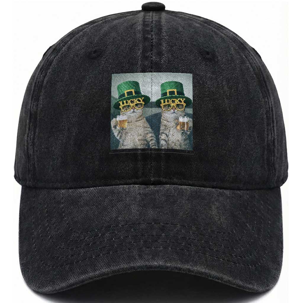 Funny St Patricks Day Cats Drinking Beer Meme Washed Cotton Baseball Cap