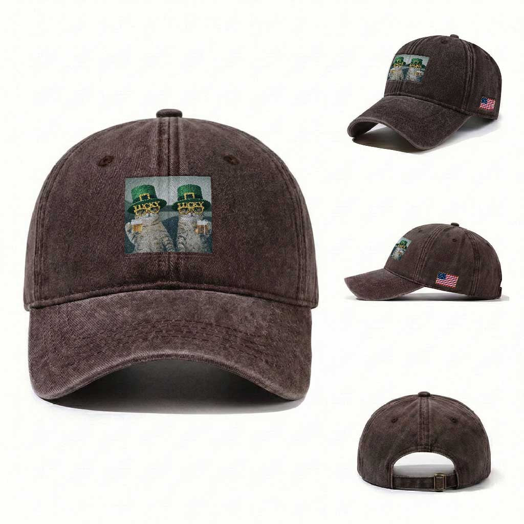 Funny St Patricks Day Cats Drinking Beer Meme Washed Cotton Baseball Cap