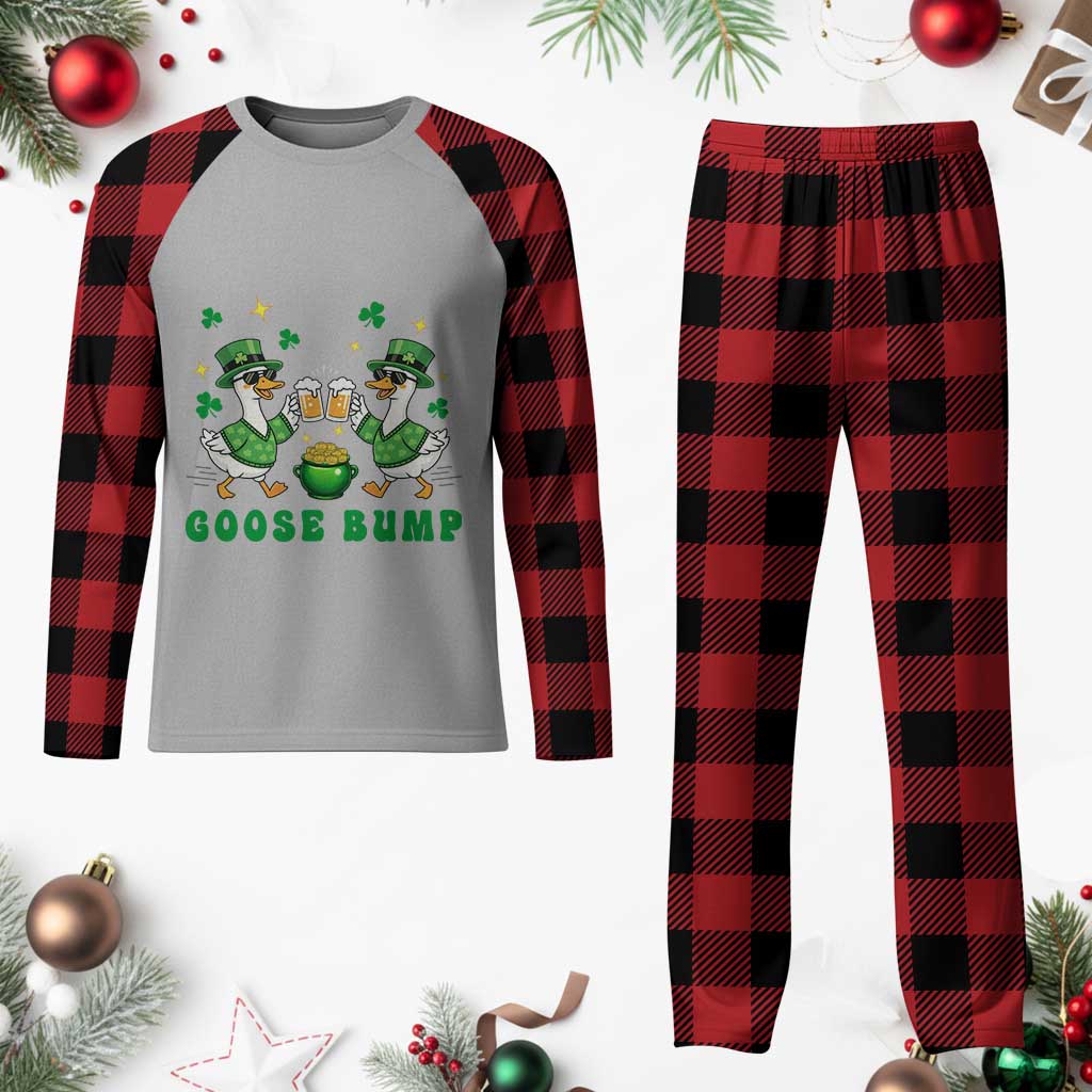 Funny St Patricks Day Goose Drinking Beer Plaid Pajama Set Goose Bump
