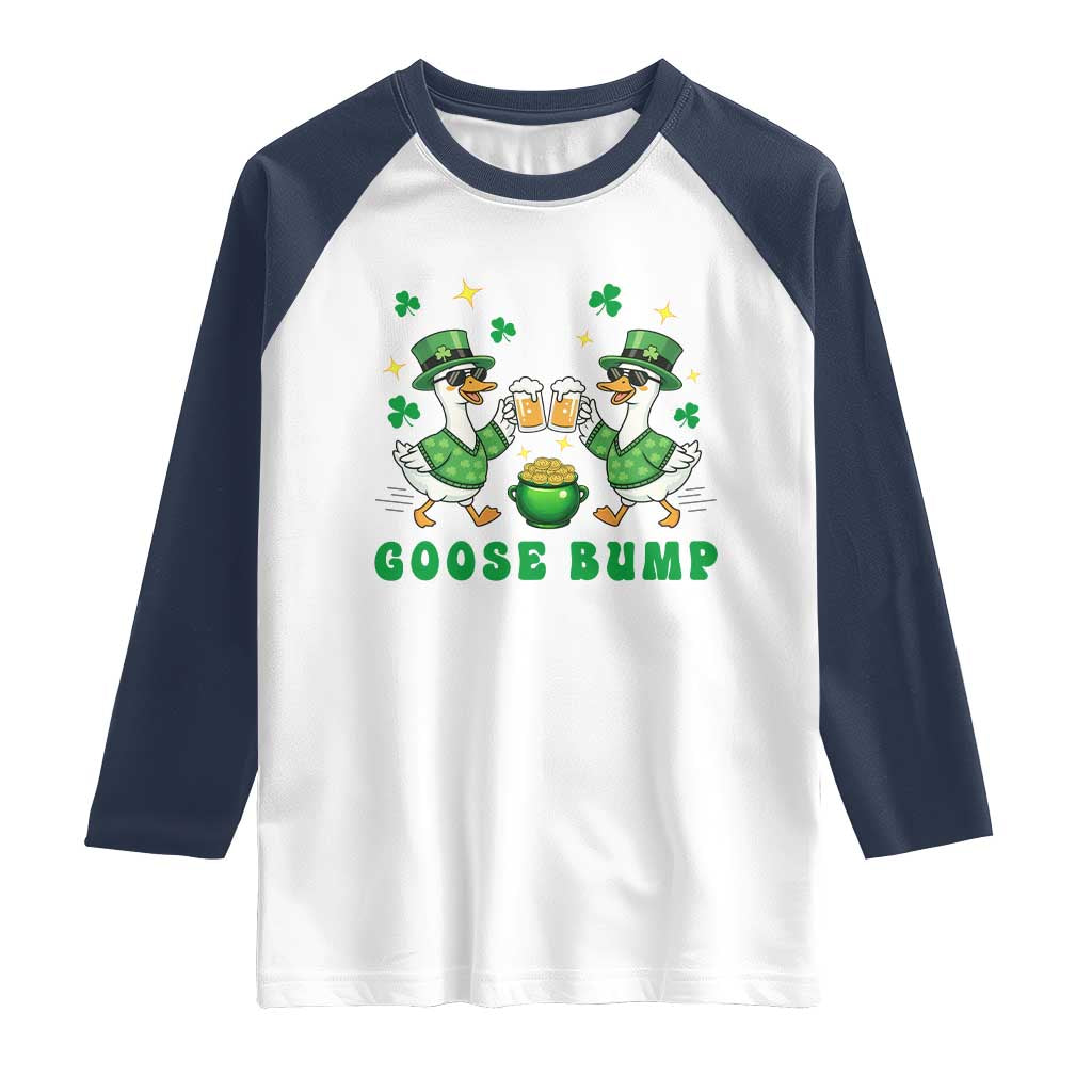 Funny St Patricks Day Goose Drinking Beer Raglan Shirt Goose Bump