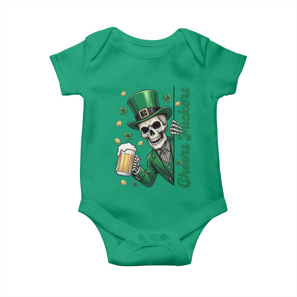 Cheers Fuckers St Patricks Day Baby Onesie Funny Skeleton Drinking Beer