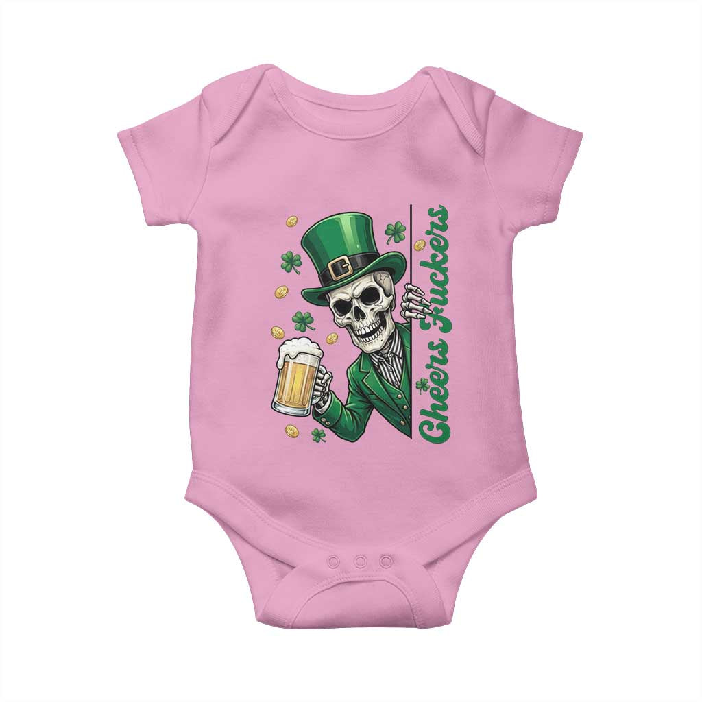 Cheers Fuckers St Patricks Day Baby Onesie Funny Skeleton Drinking Beer