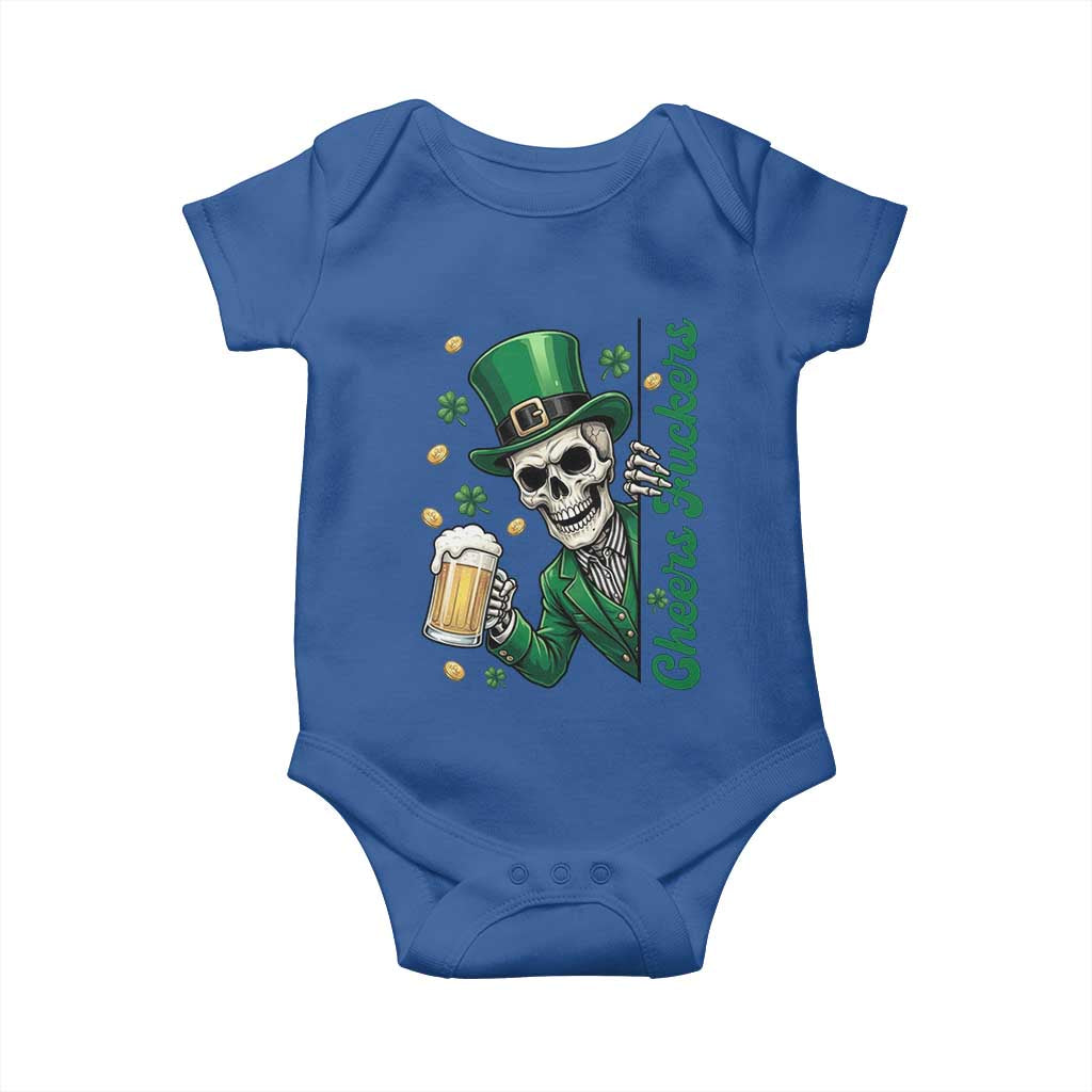 Cheers Fuckers St Patricks Day Baby Onesie Funny Skeleton Drinking Beer
