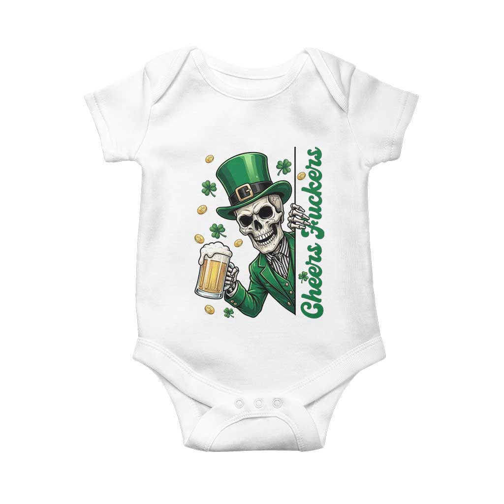 Cheers Fuckers St Patricks Day Baby Onesie Funny Skeleton Drinking Beer