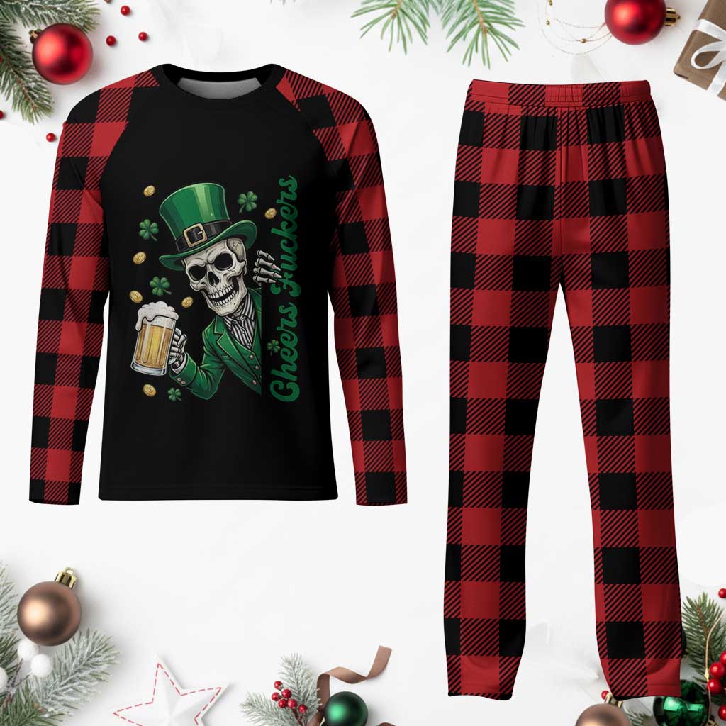 Cheers Fuckers St Patricks Day Plaid Pajama Set Funny Skeleton Drinking Beer