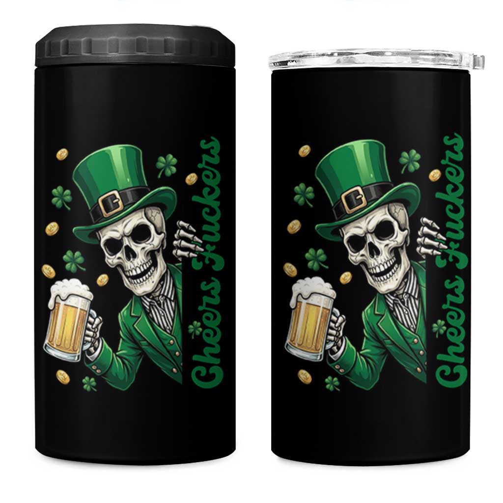 Cheers Fuckers St Patricks Day 4 in 1 Can Cooler Tumbler Funny Skeleton Drinking Beer