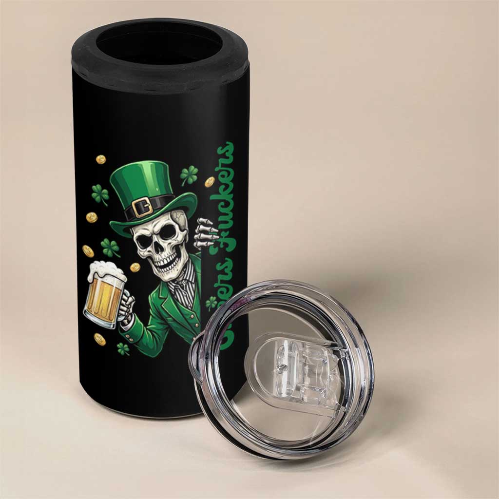 Cheers Fuckers St Patricks Day 4 in 1 Can Cooler Tumbler Funny Skeleton Drinking Beer