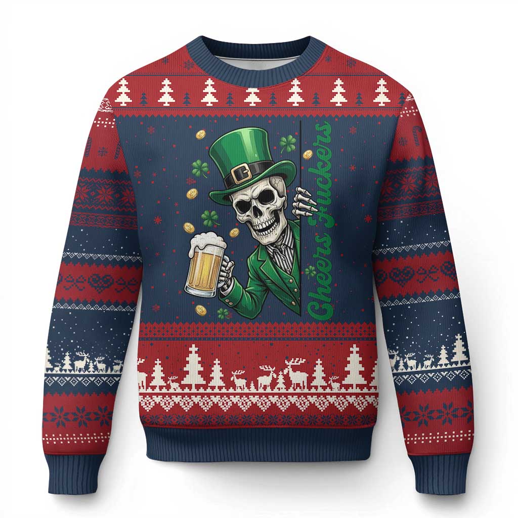 Cheers Fuckers St Patricks Day Ugly Christmas Sweater Funny Skeleton Drinking Beer